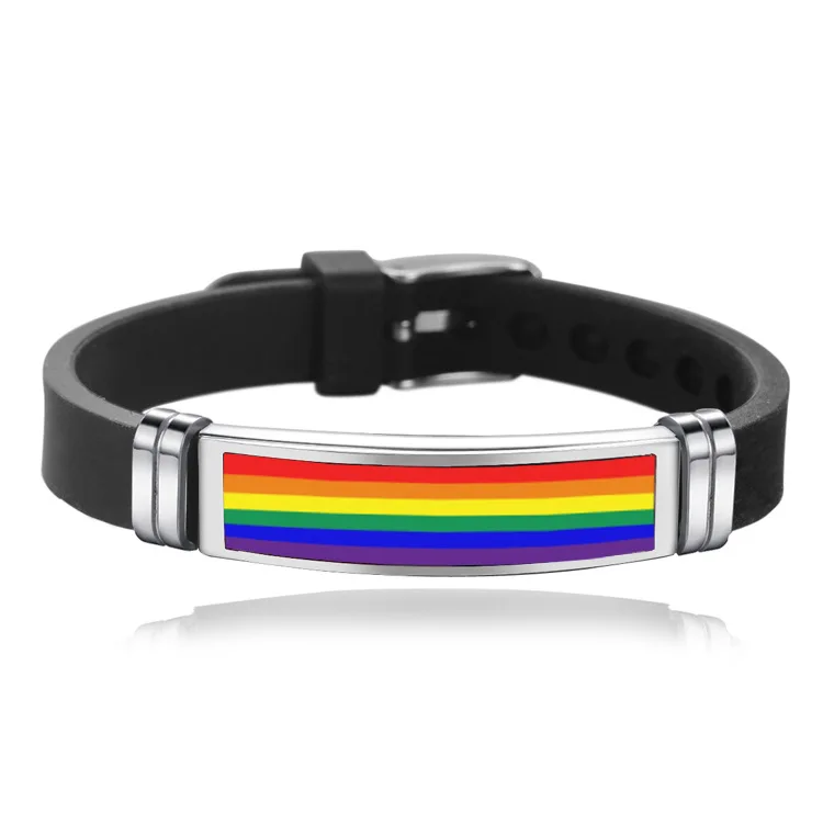 

LGBT Gay Pride Stainless Steel Bracelet with Silicone Strap, Silver