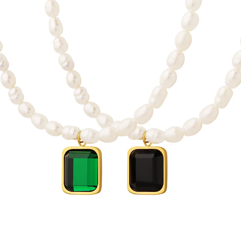 

Design Natural Pearl Square Crystal Stone Splice Natural Pearl Chain Jewelry Necklace
