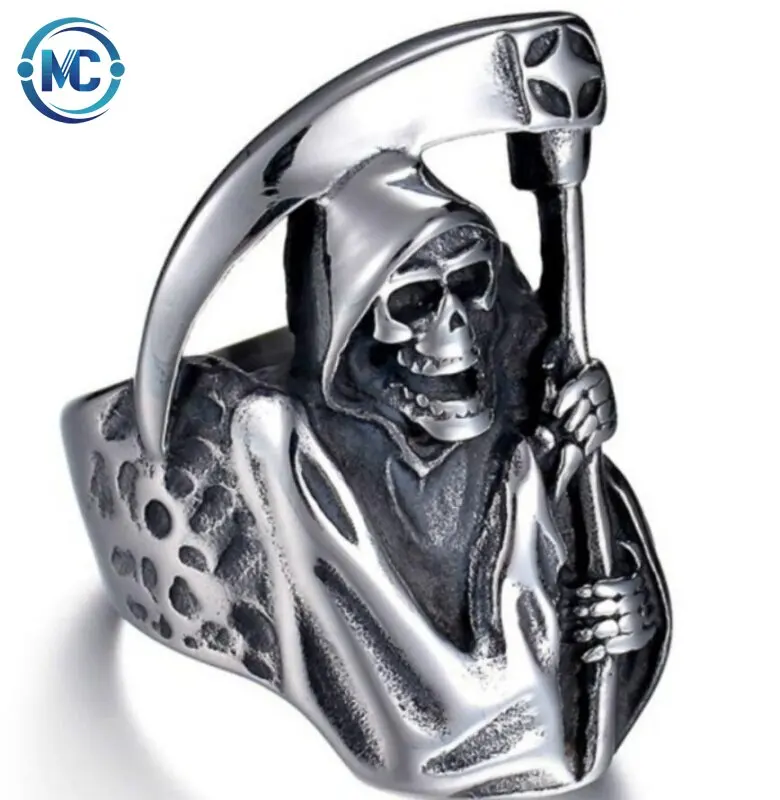 

Personality Exaggerated 316L Stainless Steel Skull Ring Grim Reaper Scythe Punk Man Ring, Silver