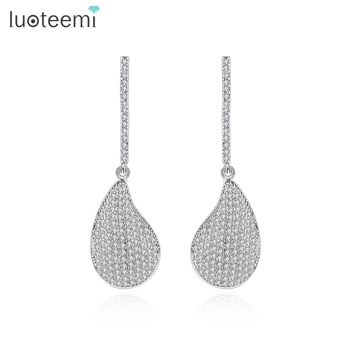 

LUOTEEMI Wholesale Jewelry Bling Bling Micro Cubic Zirconia Fully Pave Drop Shape Long Dangle Women Earrings