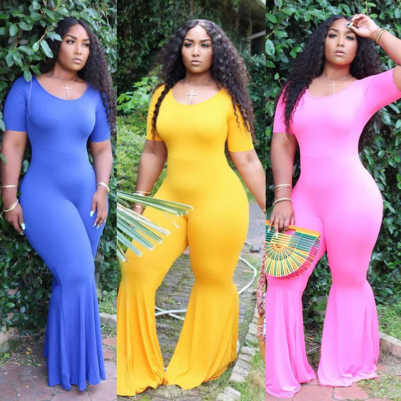 

New Casual Solid Plus Size Jumpsuits Rompers Woman Summer Sexy Short Sleeve Tight Flare Pant Plus Size Jumpsuit For Fat Women, Red,blue cheap flare solid jumpsuit for women