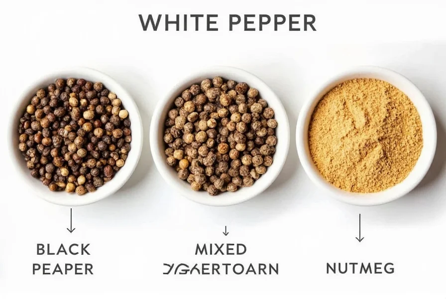 Close-up comparison of white pepper substitutes including black pepper, mixed peppercorns, and nutmeg in small bowls