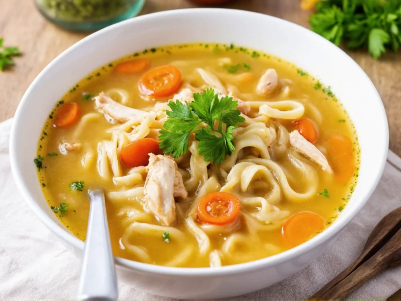 Homemade chicken noodle soup served in white bowl with fresh parsley