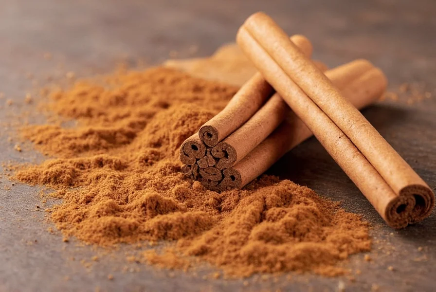 Close-up comparison of Ceylon cinnamon quills versus Cassia cinnamon sticks showing the thinner, layered structure of Ceylon and the thicker, single-layer Cassia