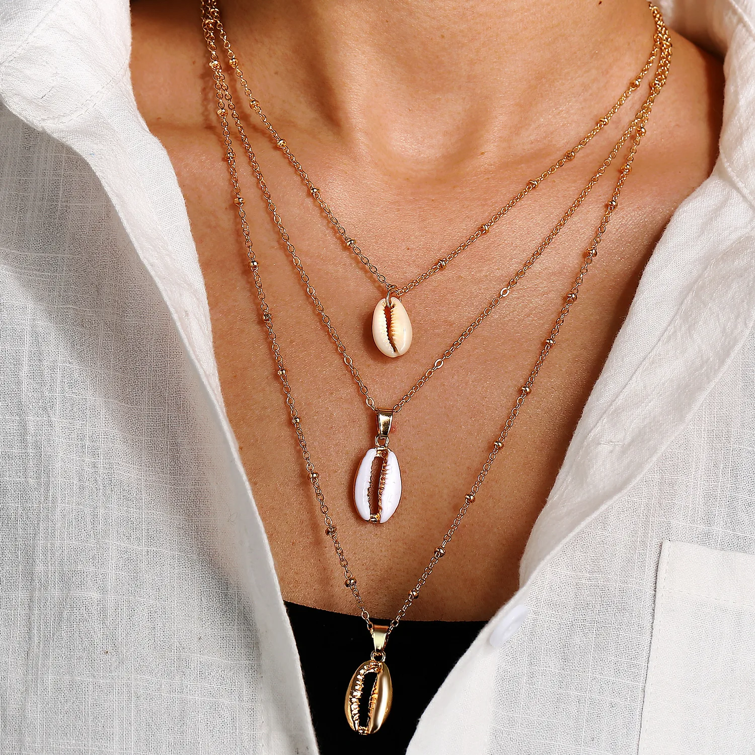 

Aurora Borealis Sea Snail Conch Layers Chain Jewelry Women Fashion Handmade Seashell Pendants Charms Shell Necklace, Gold