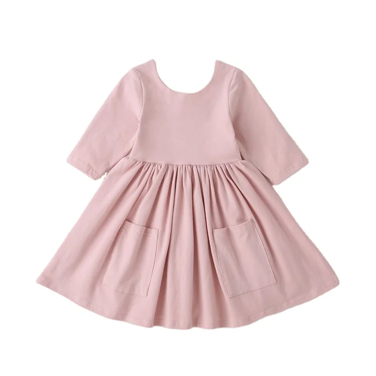 

Ready To Ship Daily Wear Knitting Cotton Deep V Back Baby Girl Summer Dress Casual Dresses, Solid/ customized color