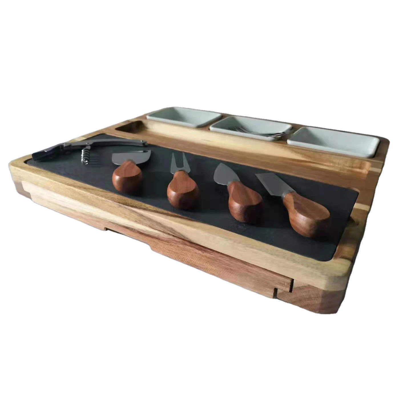 

In Stock Large Bulk Black Slate Tray Designs Acacia Wooden Elegant Cheese Snack Cutting Boards Gift Set with Knife