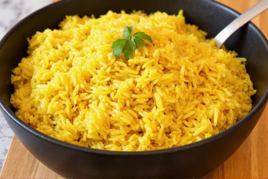 Turmeric coconut rice with visible coconut flakes and turmeric pieces