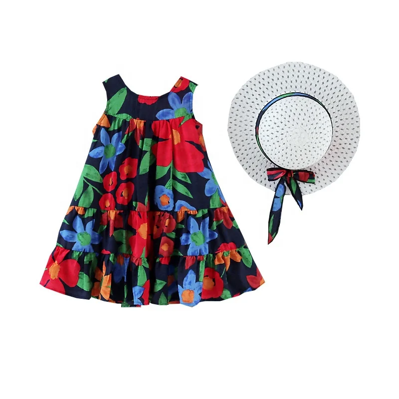 

Amazon Hot 2022 New Summer Girl Cotton Vest Flower Dress Sleeveless Princess Loose Dress hat Free for 2-7 Years Girls