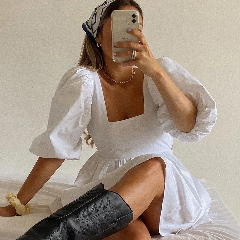 

Princess Design Puff Sleeve Back Open Womens Wholesale Clothing Vintage White Dresses Streetwear Casual Dress, As picture