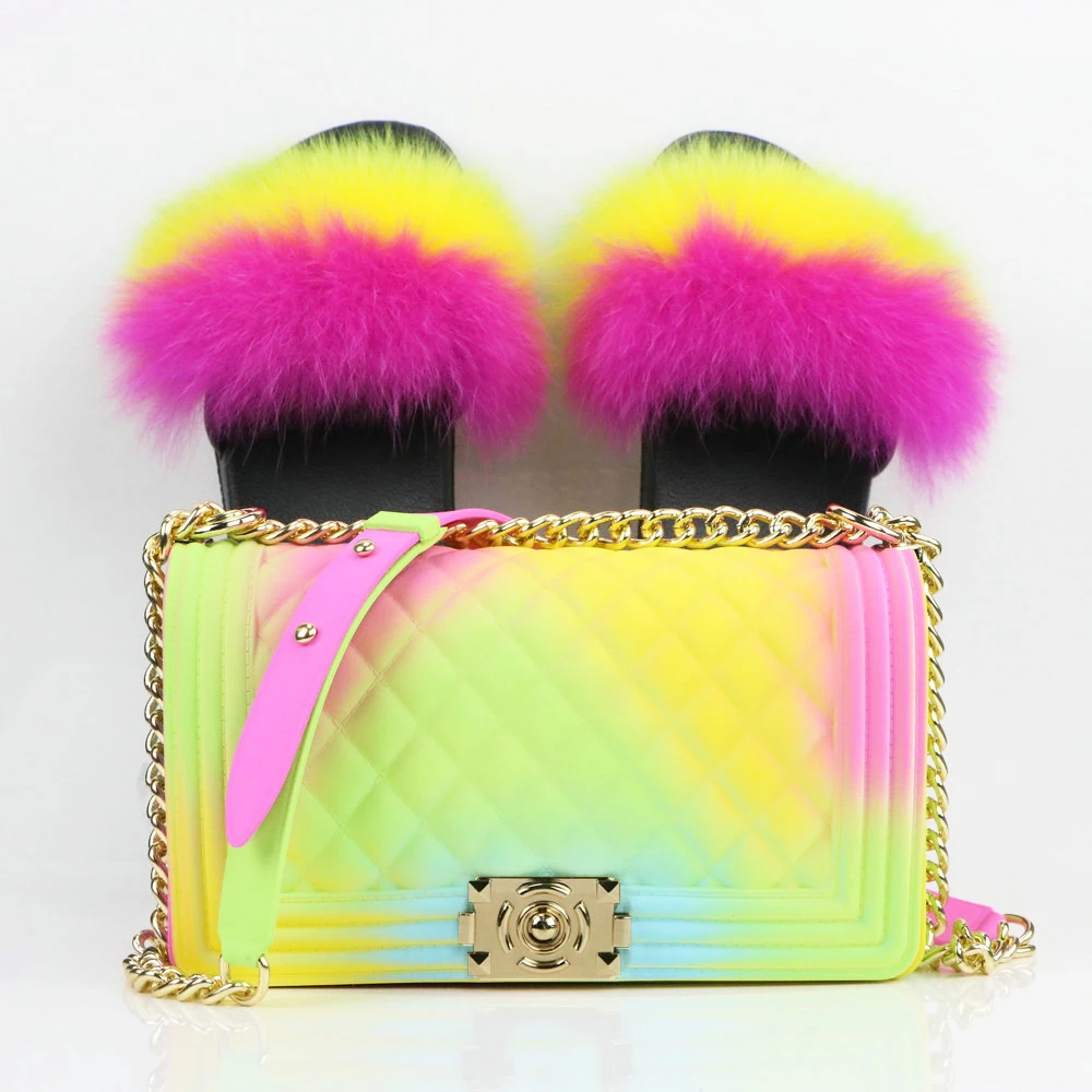 

Women Fur Slippers Fluffy Fox Fur Sandals PVC Rainbow Jelly Handbag Set Furry Fluffy Fur Slides