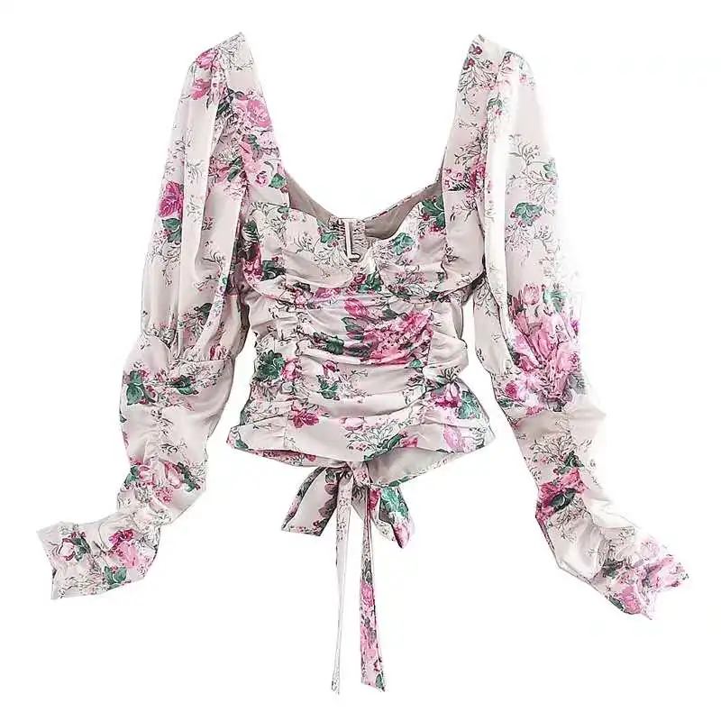 

2020 new arrivals women's long sleeves square collar women floral printed crop top for ladies