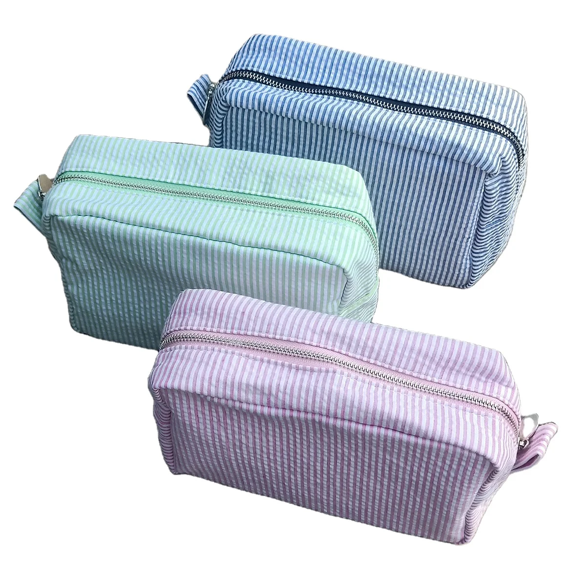 

READY TO SHIP Pink And Navy Seersucker Cosmetic Case Seersucker Makeup Organizer Cosmetic Cases Bag Cotton Travel Toilet Bags, Gray, dark gray, yellow, baby blue