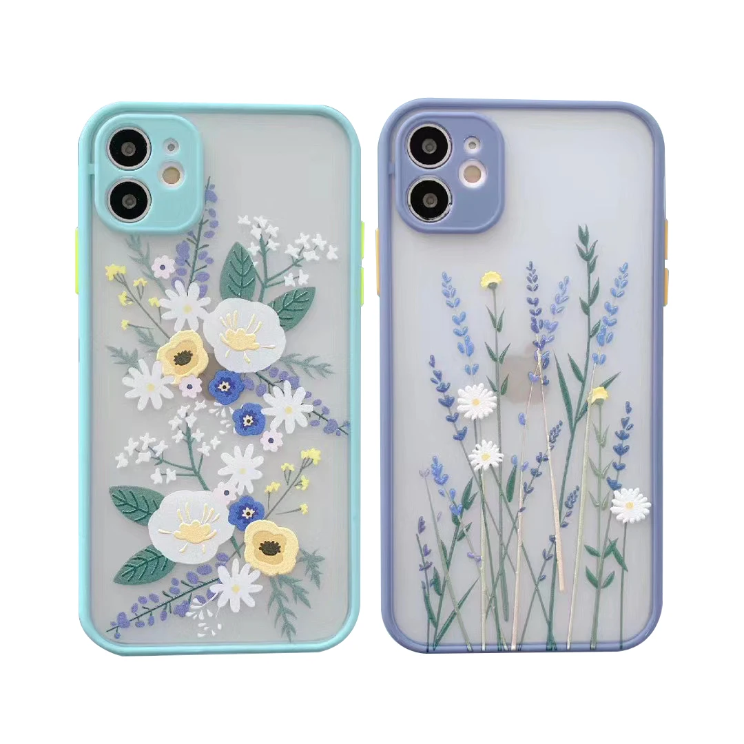 

Amazon Hot Sell Clear Flowers Pattern Frosted Daisy Lavender Smoke Phone Case for Iphone 12 Mini 11 Pro Max Girls Woman Casing