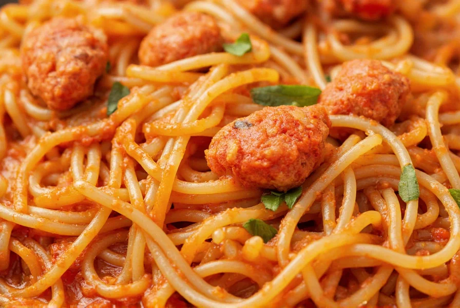 Close-up of authentic chili crab pasta with fresh crab pieces, vibrant red sauce, and al dente spaghetti