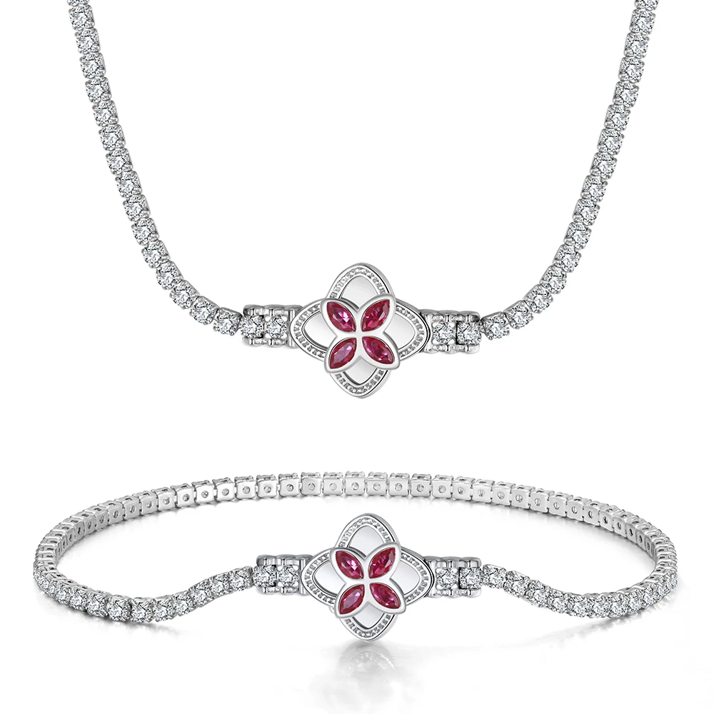 

RINNTIN SB110 SN291 Women 925 Sterling Silver CZ Clover Jewelry Sets Diamond Tennis Bracelet Tennis Choker Necklace