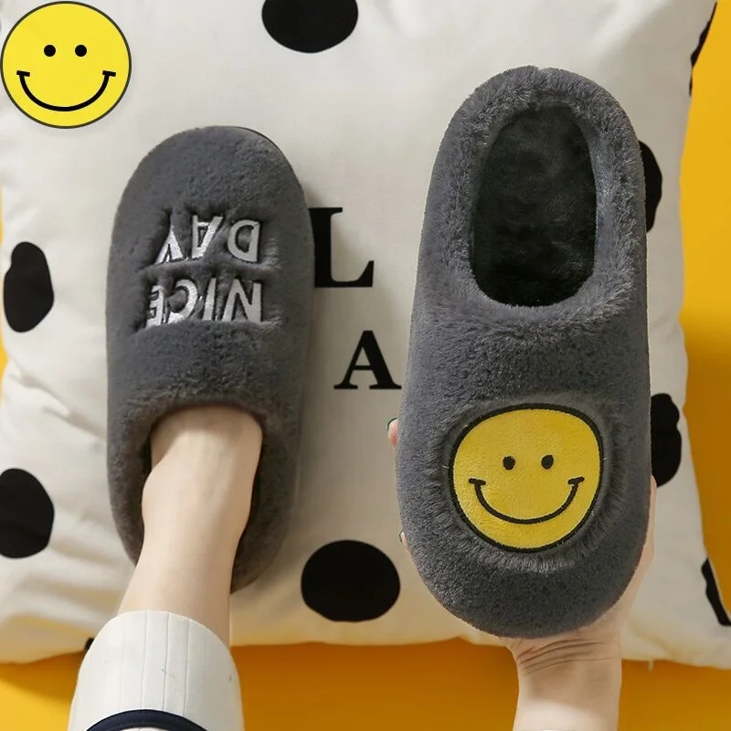 

2022 Winter New Smiley Face Plush Soft Soled Women's Men's Slippers With Home Cotton Shoes, White, yellow, black, grey, orange