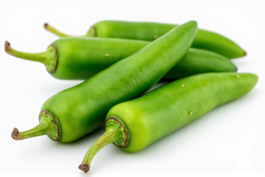 Close-up photograph of fresh green serrano peppers on a white background showing their slender shape and smooth skin