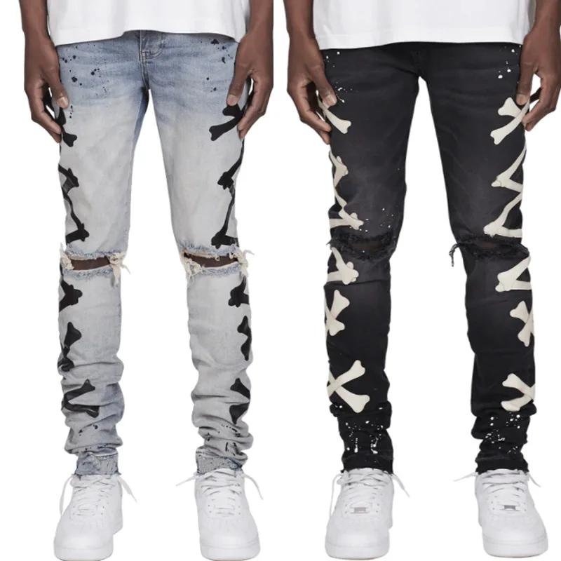 

QC 2022 Dropshipping fashion slim fit skinny cargo stacked jeans men with zipper