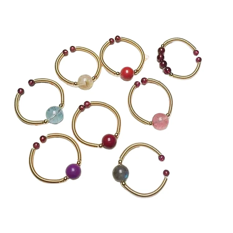 

Bohemian Handmade Natural Stone 14K winding Ring Gemstone Rings Garnet Labradorite Strawberry Crystal Beaded Ring for Women