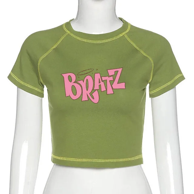 

gtkzs new fashion y2k vintage casual sexy BRATZ letter print womens short sleeve o neck crop top t shirt, Customized color