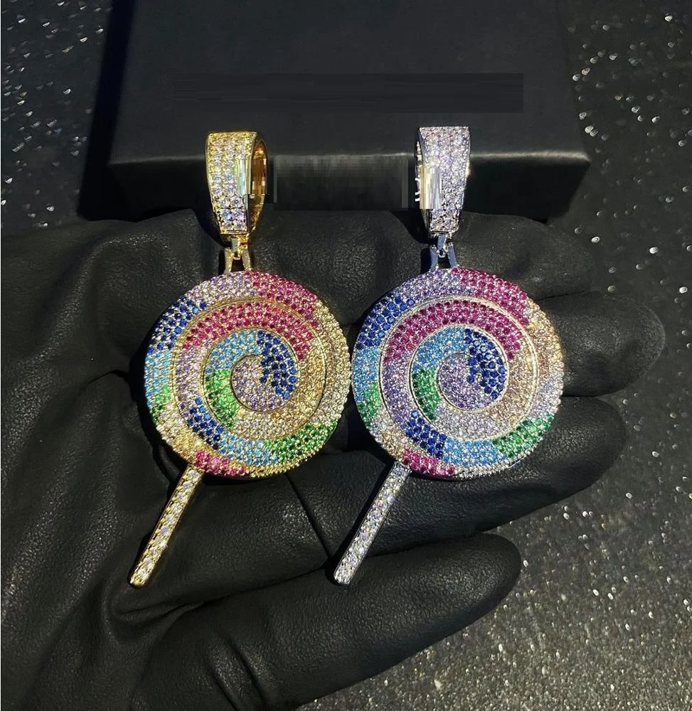 

hip hop men women jewelry micro pave cz rainbow colorful cubic zirconia Lollipop pendant, Rose gold