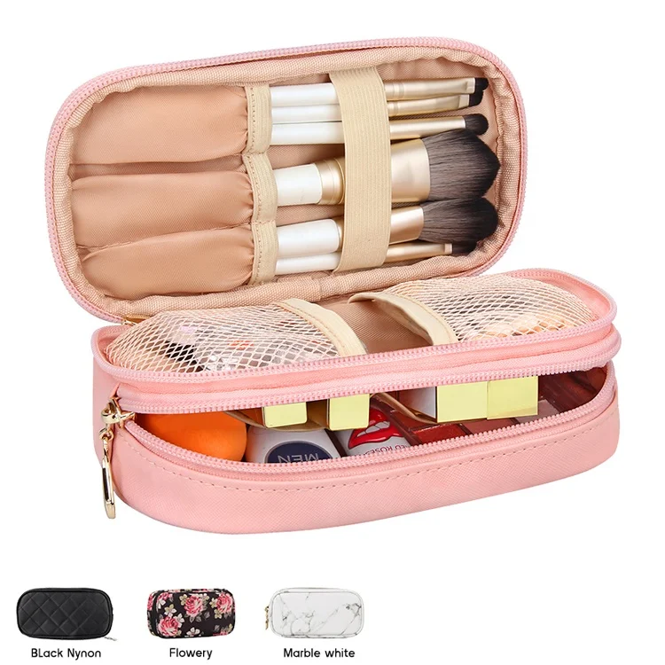 

Relavel Small Black Compact 2 Layers Nylon Travel Makeup Cosmetic Pouch Bag for Women, Pink