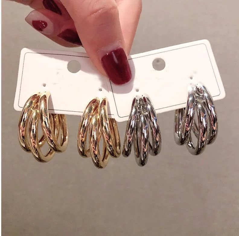 

Fashion Gold Plated 3 Row Circle Tube Hoop Earrings Jewelry Custom Chunky Triple Hoop Earrings for Women