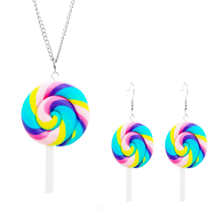 

Creative Colorful Lollipop Clay Jewelry Sets Funny 3D Candy Drop Polymer Clay Earring Necklace Set Rainbow for Girls Women, Multi color