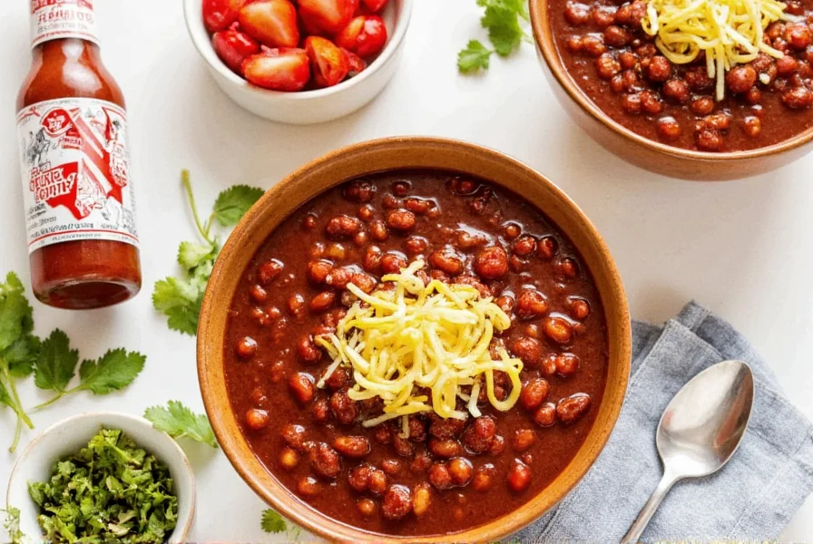 Various chili toppings including Texas Pete hot sauce bottle arranged around bowl of chili