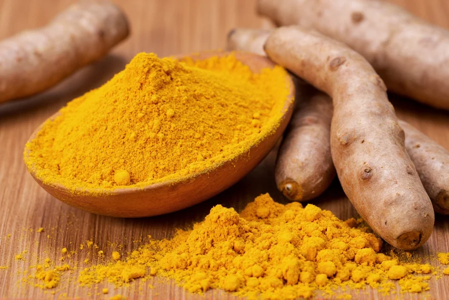 Turmeric powder in a spoon next to fresh turmeric root showing natural spice form