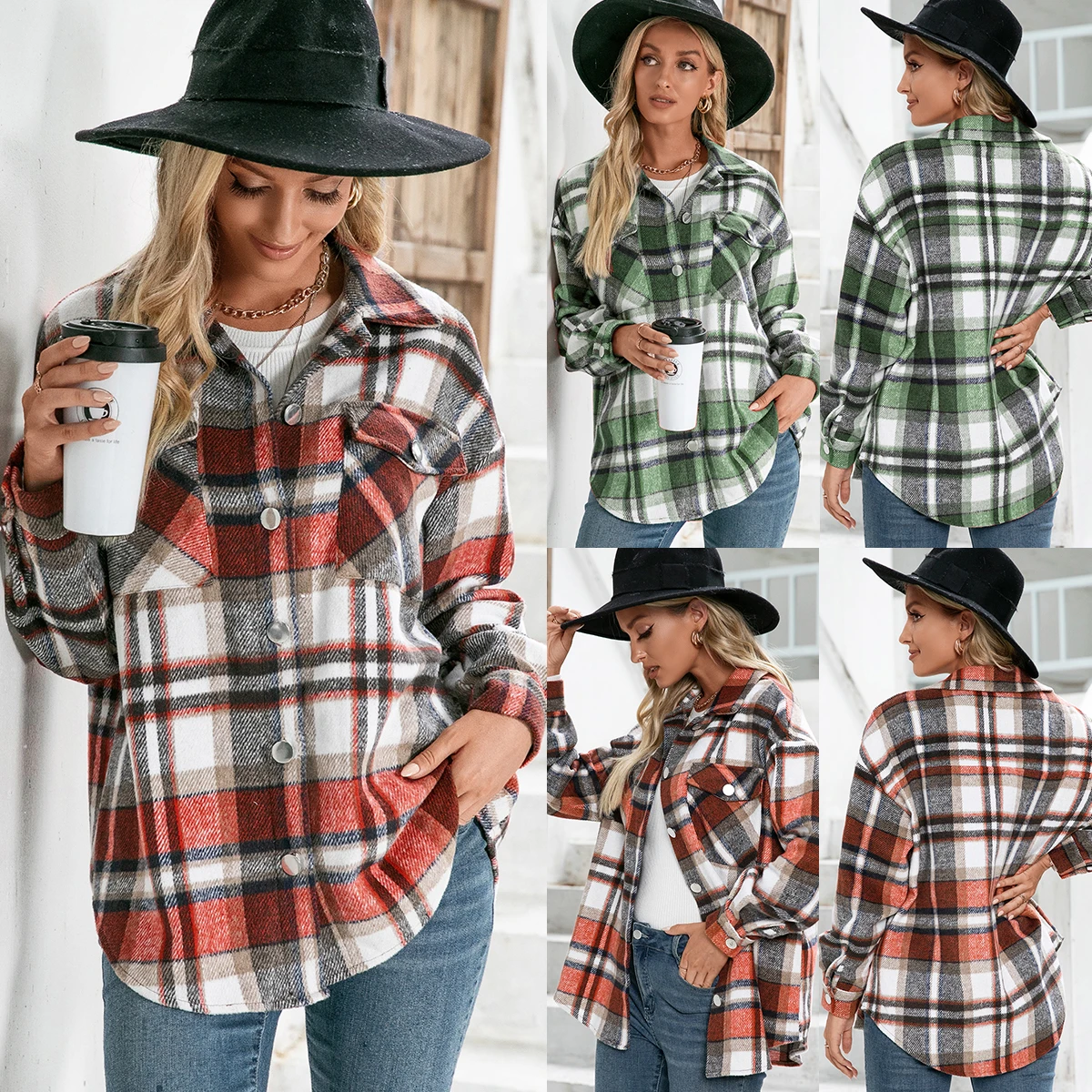 

High quality Thick plus size cashmere long-sleeved plaid jackets for ladies Casual shirt jacket woman jacket and coat, Red,green,orgin