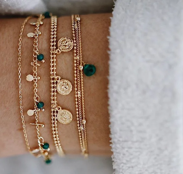 

Bohemian creative circle embossed blue drop pendant bracelet set women jewelry accessory