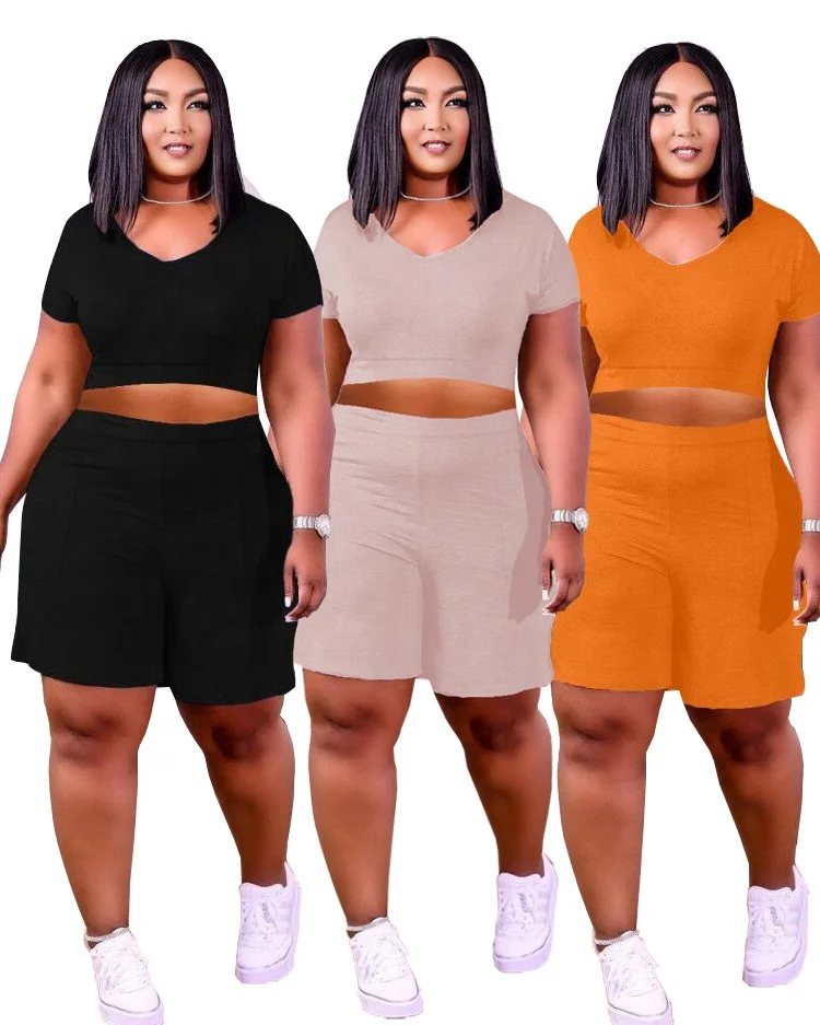 

YS-XM1198 Custom logo 2021 streetwear casual women summer 2 piece sets fashion blank v neck shirt and cotton shorts set women, As picture shows or customized color