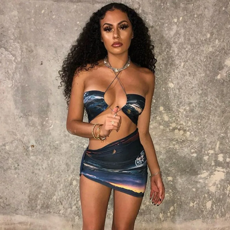 

2021 Women Spring Summer Sexy Club Wear Clothing Print Halter Top And Skirt Set Two Pieces, Blue