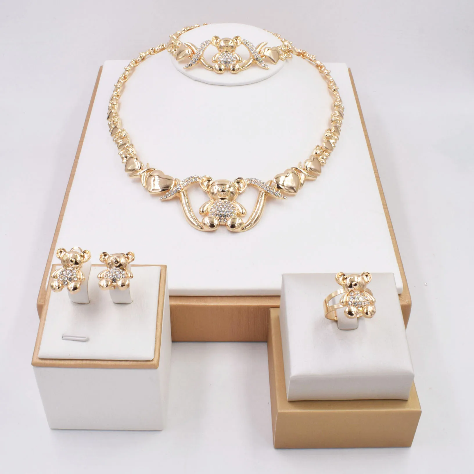 

African style cute bear bride jewelry set necklace gold bracelet Dubai wedding earrings ring fashion jewelry set NT0056, Gold color