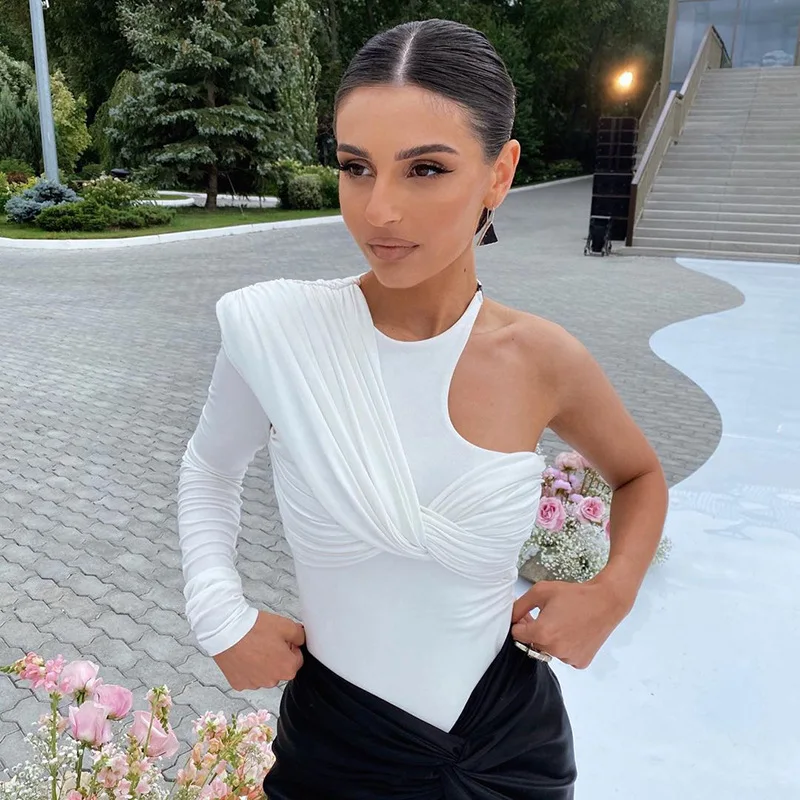 

Tight-fitting half-sleeve jumpsuit autumn new sexy one-shoulder pleated jumpsuit, Black/white