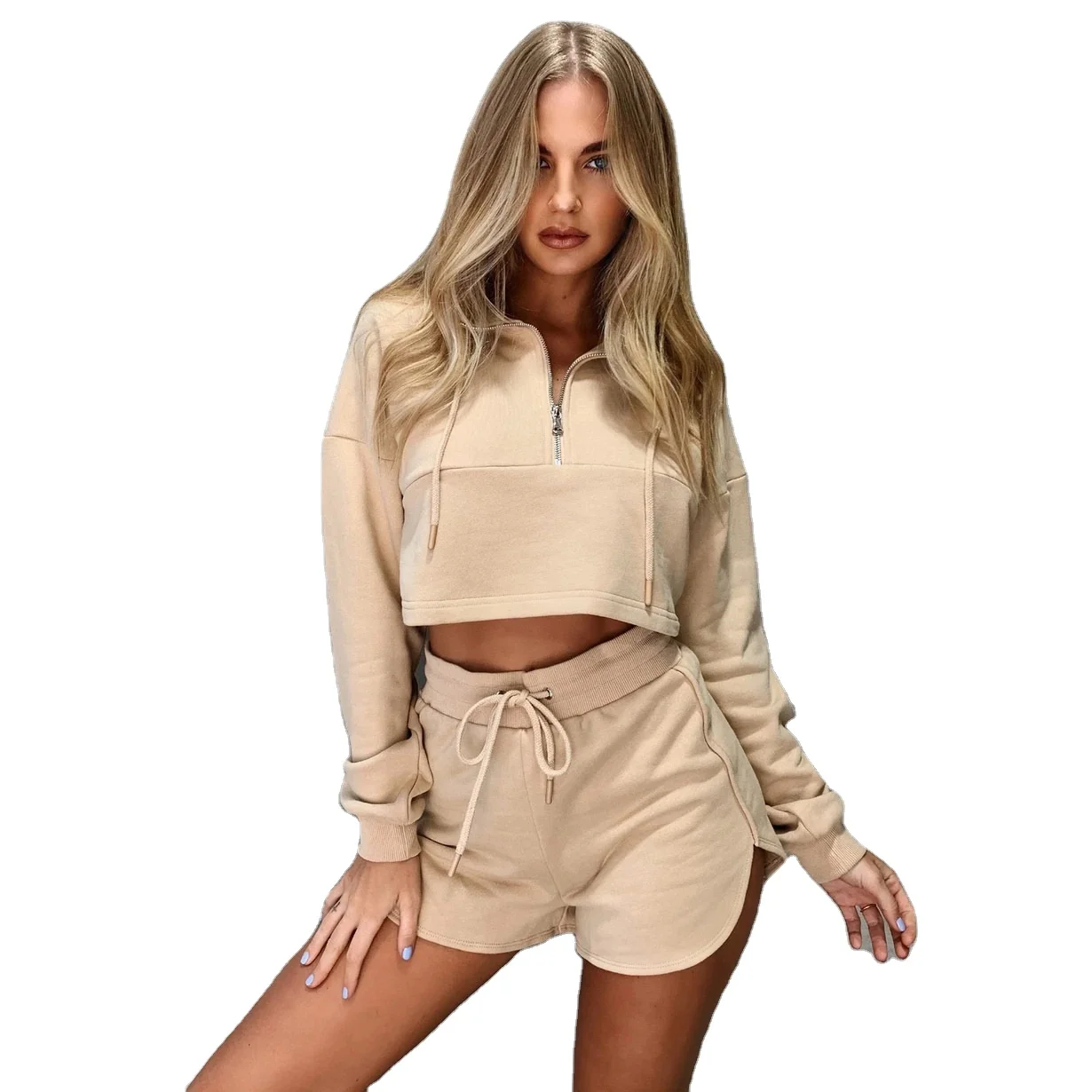 

oem custom 2021 trendy Women's Cropped Pullover Sweatshirts Bright Color High Waist Shorts Sets Clothing Tracksuits outfits