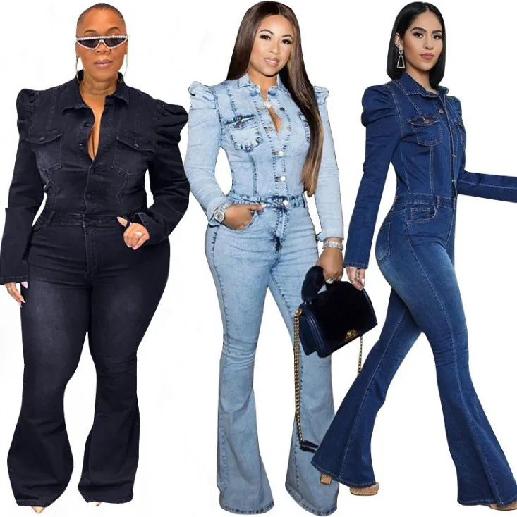 

GX20917 wholesale 2020 high quality long sleeve fall jean jumpsuits women denim one piece plus size denim jumpsuit, Picture