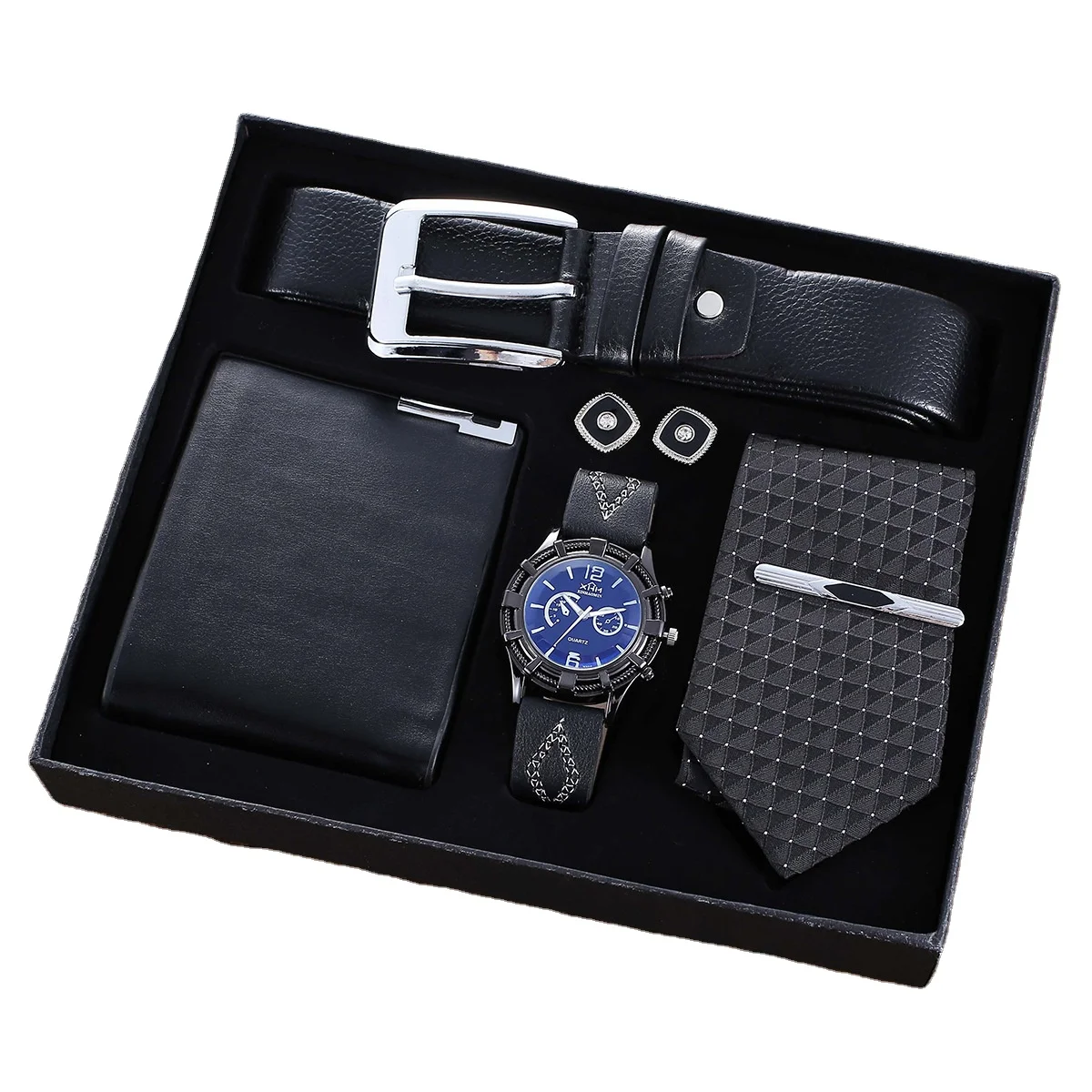 

Hot Sale Fashion Men's Watch Set with Tie Wallet Retro Big Dial Leather Quartz Watches Luxury Birthday Present For Boyfriend