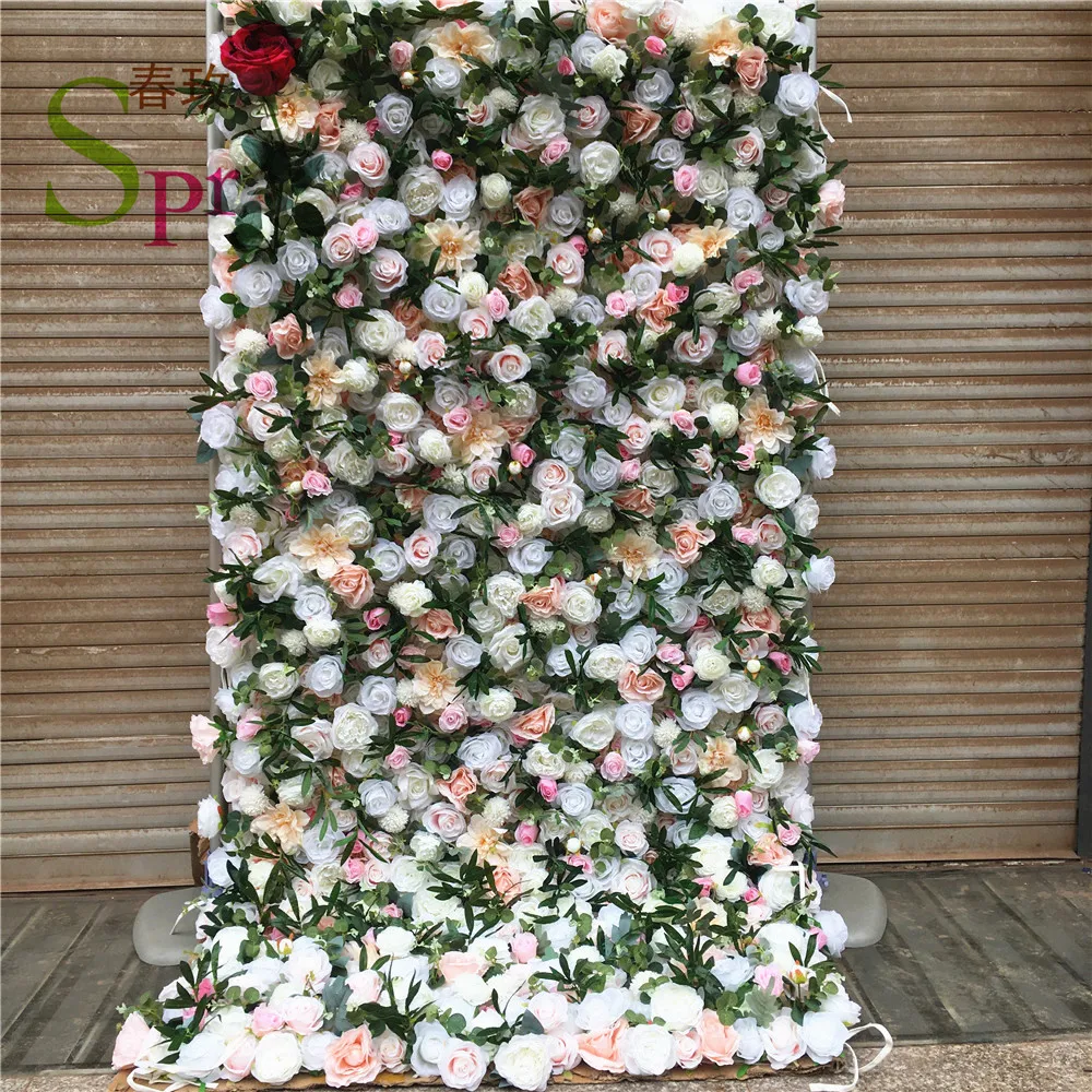 

SPR Top selling roll up cloth back mix white and ivory silk flower wall for wedding backdrop decoration