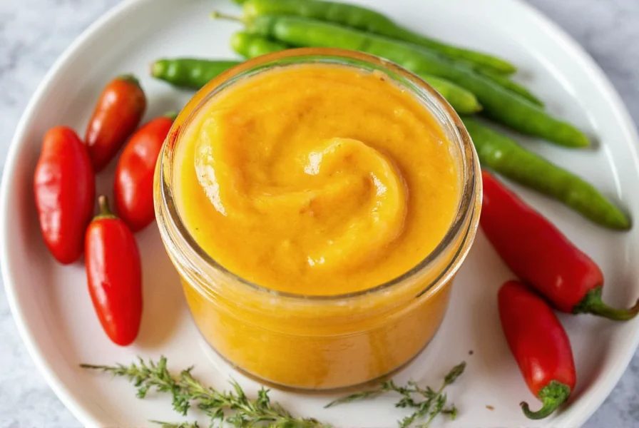 Close-up of homemade pepper mayo in a glass jar with fresh peppers and herbs