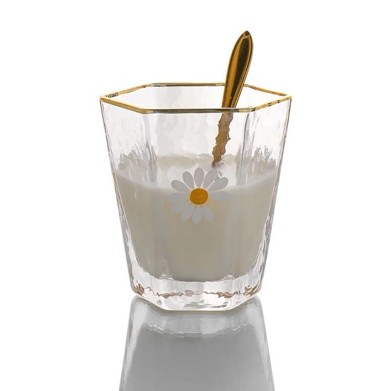 

Japanese-style Hand-painted Daisy Hammer Pattern Transparent Glass Cup with golden rim, Clear