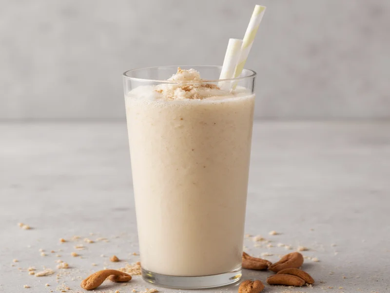 Close-up of thick homemade milkshake in glass with straw