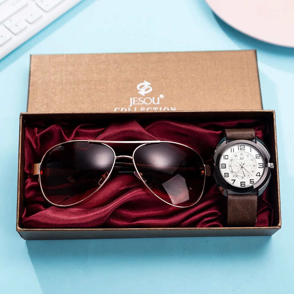 

Luxury Watch Gift Set For Men 2pcs Classic Quartz Watch Fashion Sunglasses Wallet Gift Set For Husband Dad Boyfriend Hot Sale