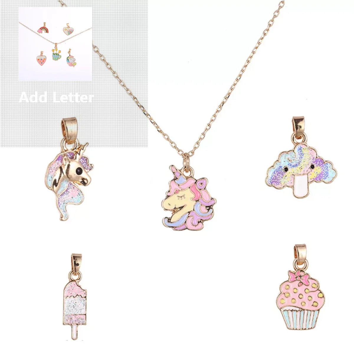 

JOJO Wholesale New Fashion 5 Charm in 1 Cute Cartoon Unicorn Handmade Baby Girls KIds Necklace Jewelry