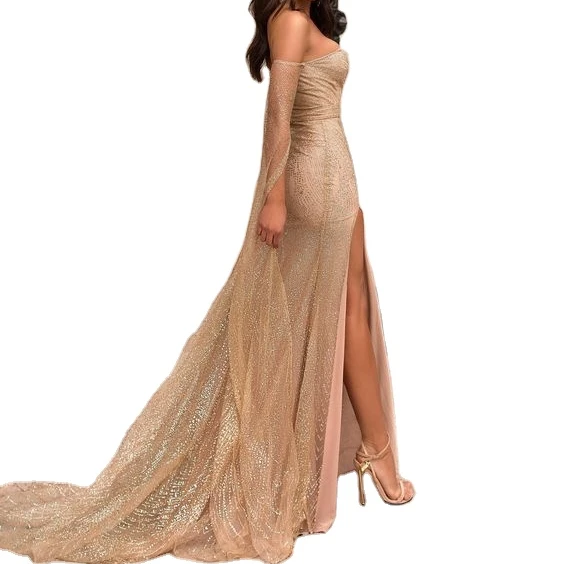 

Gold Off the shoulder Beaded Tulle Long Sleeve Side Slit Prom Dress