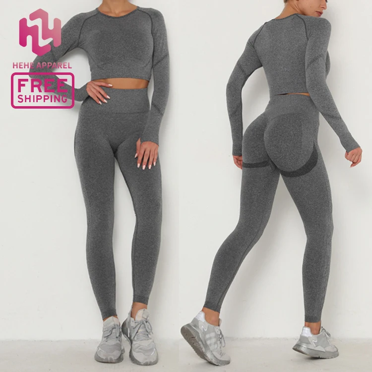

HEHE Female Seamless High Waist Yoga Set Pants Suit Matching Legging and Tops with Long Sleeve Shirt