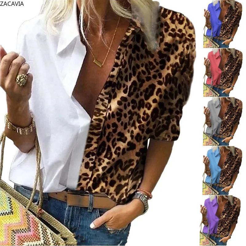 

ZACAVIA 2021 New Ladies Chiffon Shirt Splicing Chiffon Shirt Long Sleeve Printed Leopard Print Loose Shirt