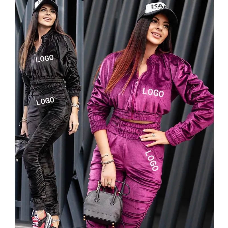 

Free Shipping winter autumn casual crop top jogging suits 2 pieces women sweatsuit velvet pleated tracksuit set, Customized color